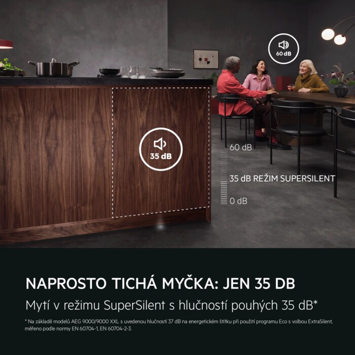 NAPROSTO TICHÁ MYČKA: JEN 35￼dB Mytí v režimu SuperSilent s hlučností pouhých 35 dB.* * Na základě modelů AEG 9000/9000 XXL s uvedenou hlučností 37 dB na energetickém štítku při použití programu Eco s volbou ExtraSilent, měřeno podle normy EN 60704-1, EN 60704-2-3. 35dB REŽIM SUPERSILENT
