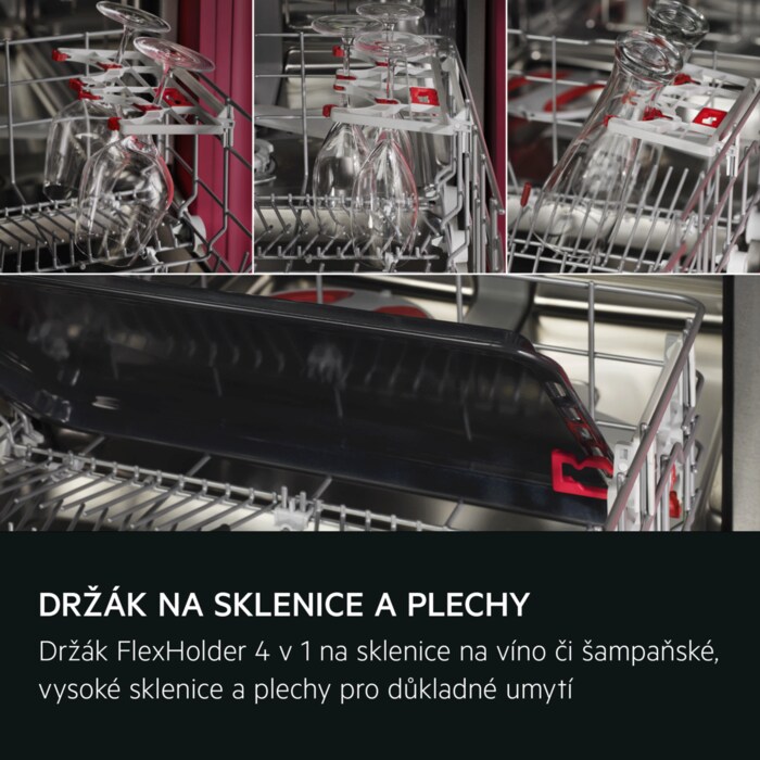 DRŽÁK NA SKLENICE A PLECHY Řešení 4 v 1 správně umístí sklenice na víno či šampaňské, vysoké sklenice a plechy pro důkladné umytí.