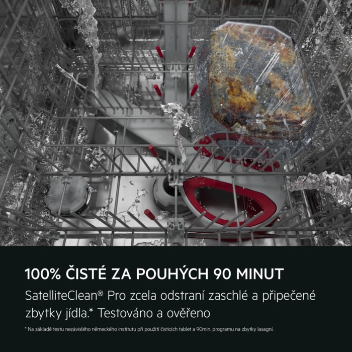 100% ČISTÉ ZA POUHÝCH 90 MINUT SatelliteClean® Pro zcela odstraní zaschlé a připečené zbytky jídla.* Testováno a ověřeno. * Na základě testu nezávislého německého institutu při použití čisticích tablet a 90min. programu na zbytky lasagní.