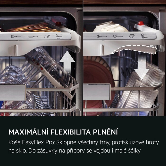 MAXIMÁLNÍ FLEXIBILITA PLNĚNÍ Koše EasyFlex Pro: Sklopné všechny řady, protiskluzové hroty na sklo.  Do zásuvky na příbory se vejdou i malé šálky.