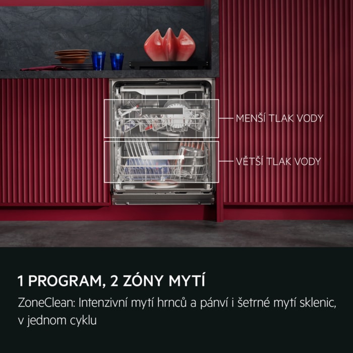 1 PROGRAM, 2 ZÓNY MYTÍ ZoneClean: Intenzivní mytí hrnců a pánví, šetrné mytí sklenic. V jednom cyklu.  MENŠÍ TLAK VODY VĚTŠÍ TLAK VODY