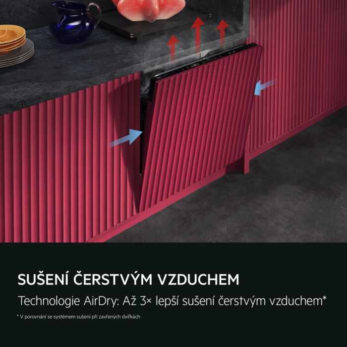 SUŠENÍ ČERSTVÝM VZDUCHEM Technologie AirDry: Až 3× lepší sušení čerstvým vzduchem* * V porovnání se systémem sušení při zavřených dvířkách