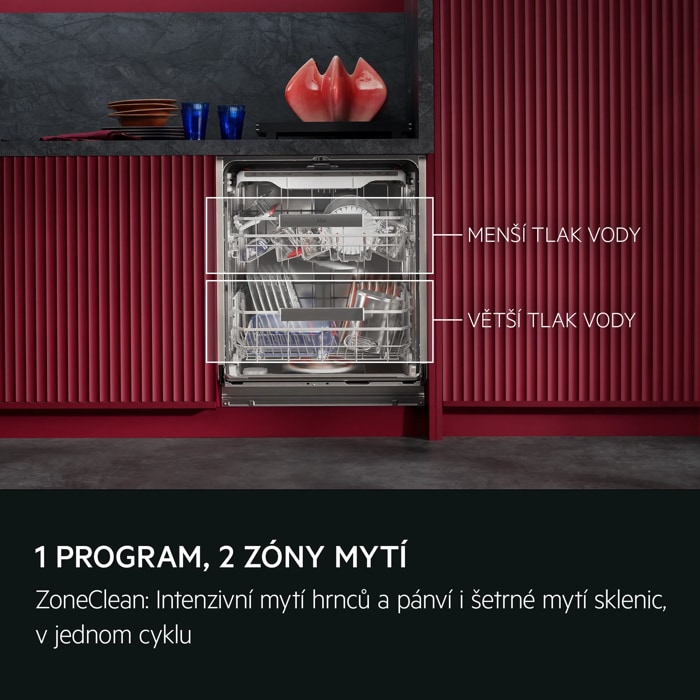 1 PROGRAM, 2 ZÓNY MYTÍ ZoneClean: Intenzivní mytí hrnců a pánví, šetrné mytí sklenic. V jednom cyklu.  MENŠÍ TLAK VODY VĚTŠÍ TLAK VODY