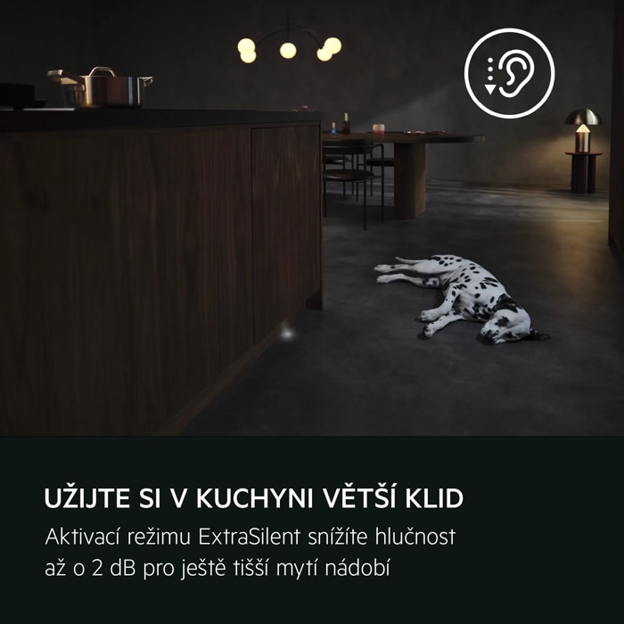 UŽIJTE SI V￼KUCHYNI VĚTŠÍ KLID Aktivací režimu ExtraSilent snížíte hlučnost až o 2 dB pro ještě tišší mytí nádobí.