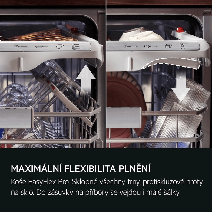MAXIMÁLNÍ FLEXIBILITA PLNĚNÍ Koše EasyFlex Pro: Sklopné všechny řady, protiskluzové hroty na sklo.  Do zásuvky na příbory se vejdou i malé šálky.