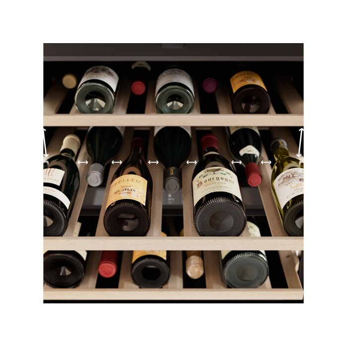 Premium wood shelves, designed for every 750 ml bottle.