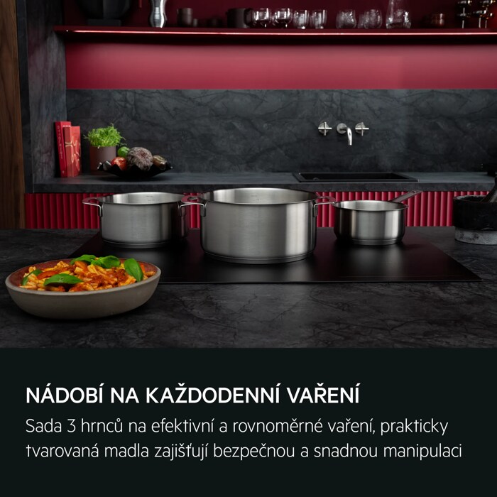 Všestranné nádobí na každodenní vaření Sada 3 hrnců navržených pro účinné, rovnoměrné vaření a bezpečnou, snadnou manipulaci