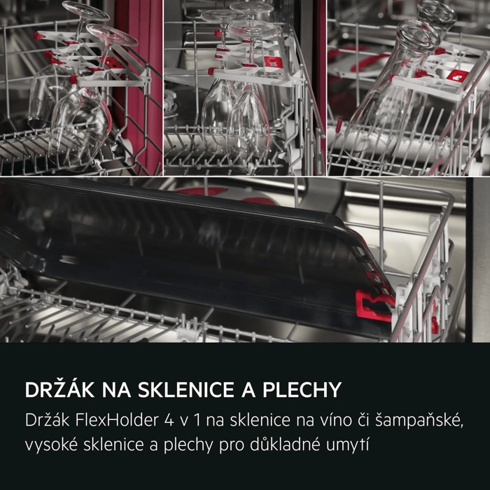 DRŽÁK NA SKLENICE A PLECHY Řešení 4 v 1 správně umístí sklenice na víno či šampaňské, vysoké sklenice a plechy pro důkladné umytí.